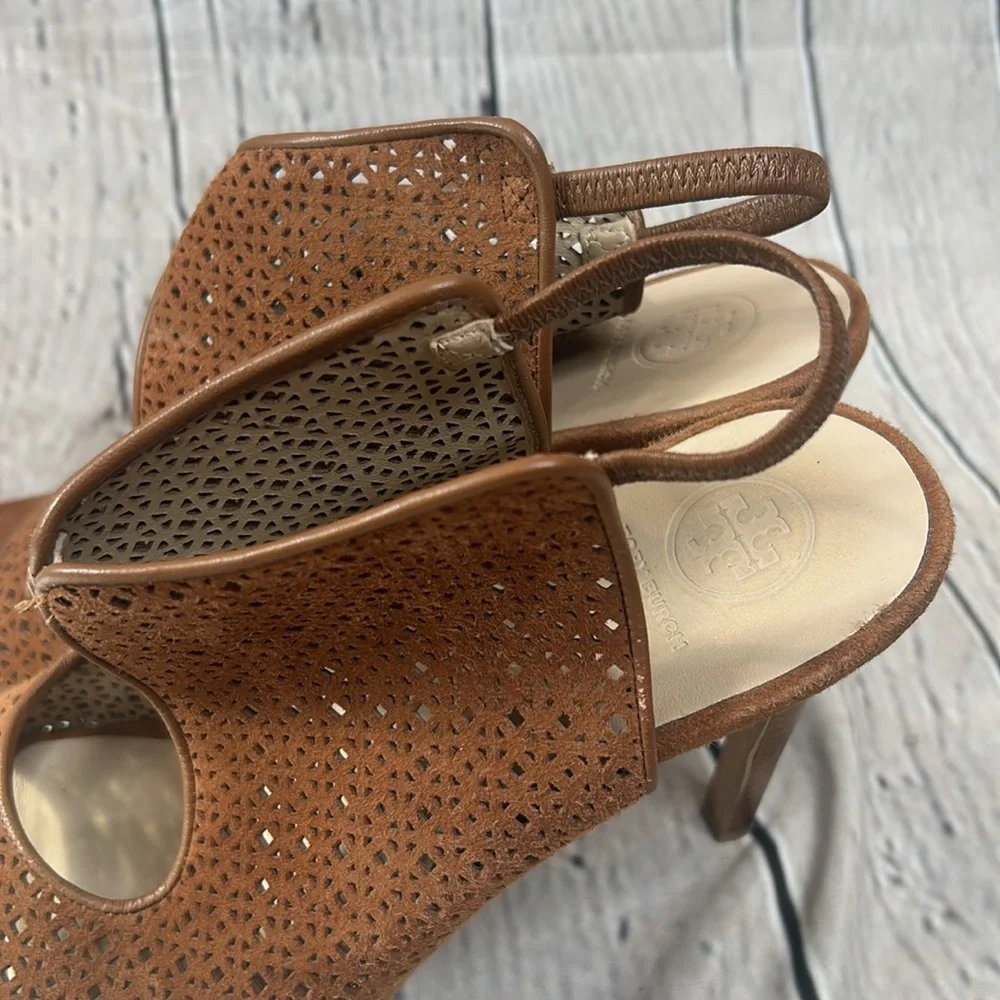 Tory Burch Ellie Heeled Brown Suede Sandals Size 9.5 Great Condition